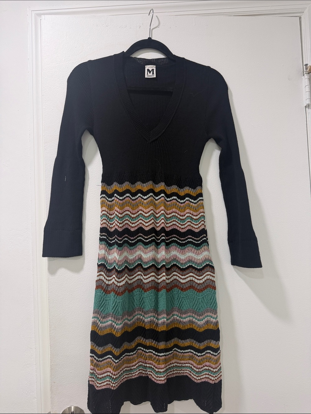 M by Missoni Black Bodice Multicolor Chevron Knit Long Sleeve Dress